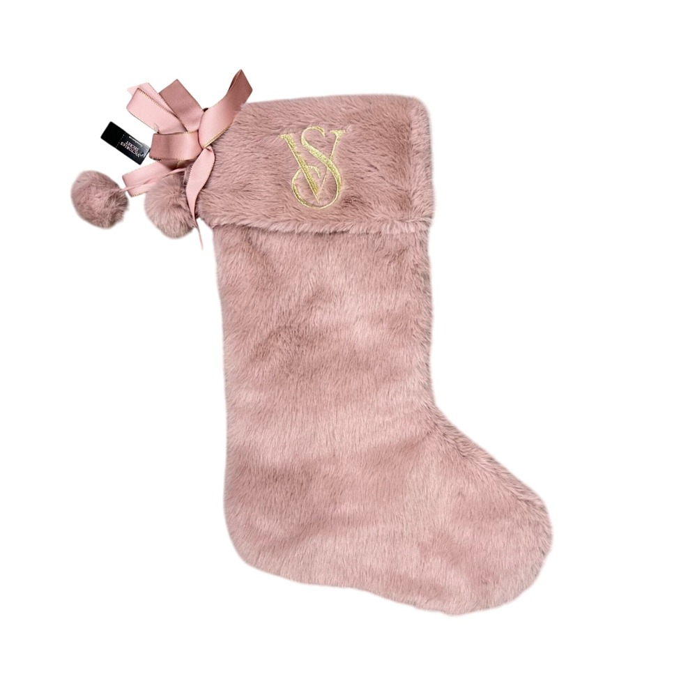Victoria's Secret NWT Pink Faux Fur‎ Christmas Stocking Gold VS Monogram Pom Pom